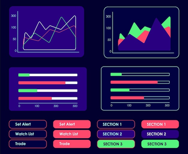 Vector commerce infographics ui elements kit business isolated vector dashboard components flat interface buttons template web design widget collection for mobile application with dark theme