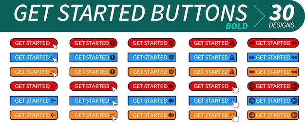 Vector complete set of professional get started buttons with hand pointer arrow pointer and other related