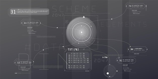 Vector composition of computer hud interface with code architecture.