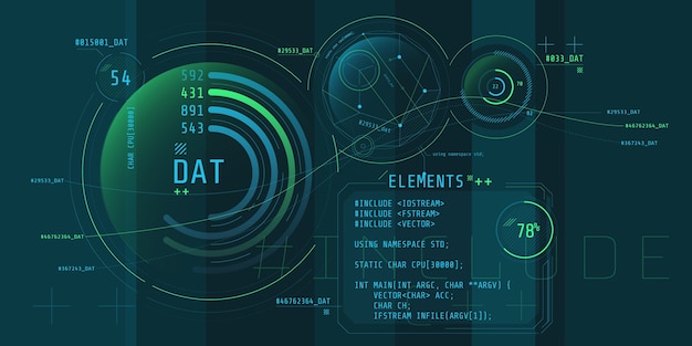 Vector composition of computer hud interface with coding.