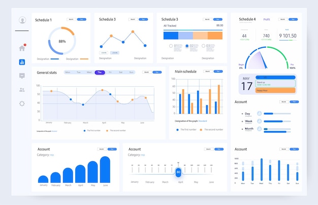 Vector comprehensive analytics dashboard ui with diverse data visualization user interface of an analytics dashboard featuring a variety of graphs and charts for efficient data management and monitoring