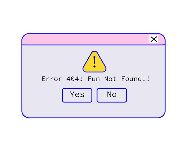 Vector computer dialog window in retro nostalgic style error 404 fun not found verification question in