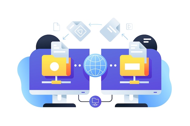 Vector computer digital file sharing using connection with online app. isolated icon concept of pc technology for web business documents using network service.
