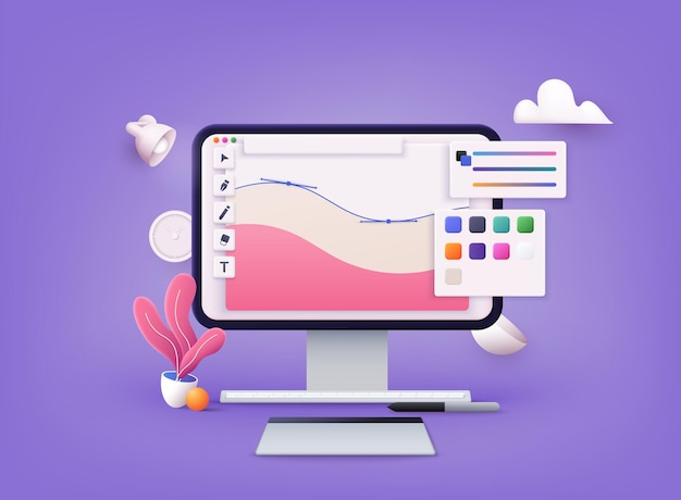 Vector computer display with vector design program 3d web vector illustrations