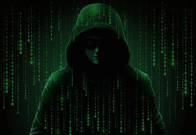 Vector computer hacker in hoodie obscured dark face data theft internet fraud darknet and cyber security concept hacker on screen background with binary code