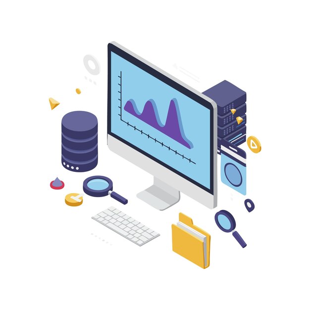 Vector computer monitor displaying data analytics with server and various graphical elements
