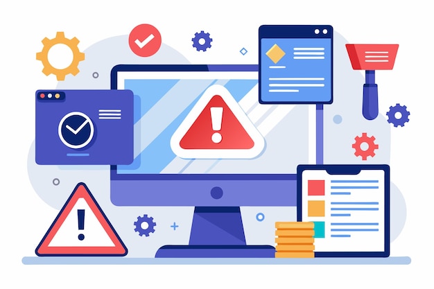 Vector computer monitor showing warning sign fixing errors and warnings on websites and digital computer diagnostics simple and minimalist flat vector illustration