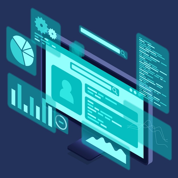 Vector computer monitor with blue virtual holographic projections with graphs and charts for data analysis analytics data on monitor web development concept isometric technology