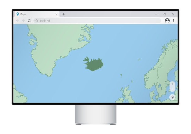 Vector computer monitor with map of iceland in browser, search for the country of iceland on the web mapping program.