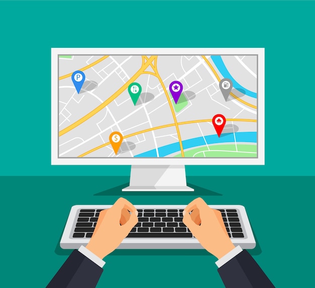 Vector computer monitor with map navigation on a screen. gps navigator with different pinpoints. .