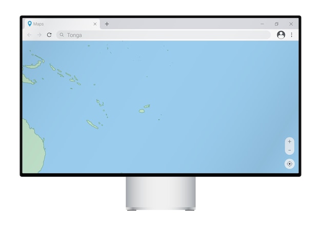 Vector computer monitor with map of tonga in browser search for the country of tonga on the web mapping program