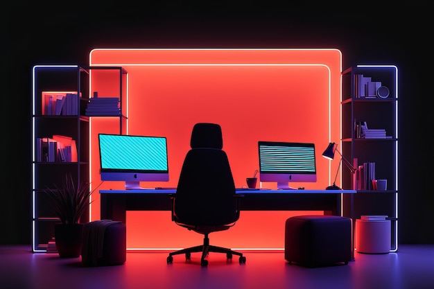Vector computer monitor with neon light in the office computer with empty screen 3d rendering comput