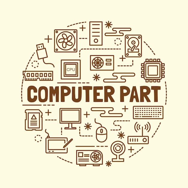 Vector computer part minimal thin line icons set