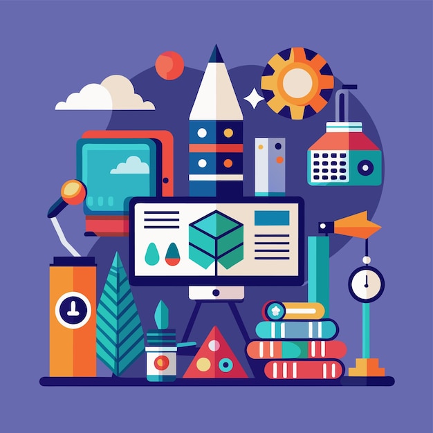 Vector a computer placed amidst a collection of different objects and tools creative visualization of teamwork and unity through visual elements
