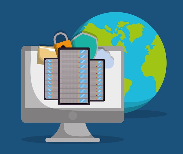 Vector computer planet and padlock icon