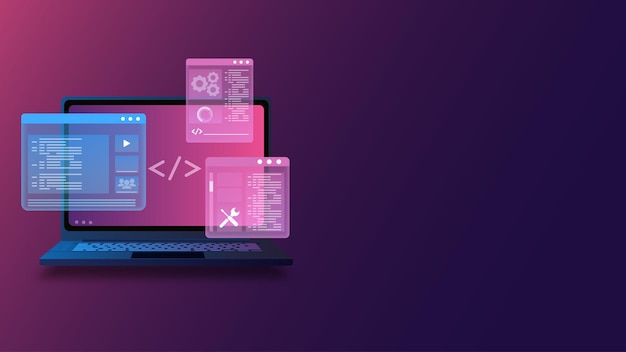Vector computer programing coding web development with isometric laptop displaying futuristic ui