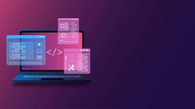Computer Programing Coding Web Development with Isometric Laptop Displaying Futuristic UI