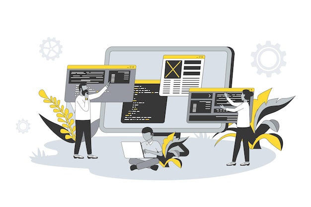 Vector computer programming concept in flat line design people create software write code and scripts work