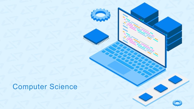Vector computer science and programming concept with laptop microchip server and gears isometric