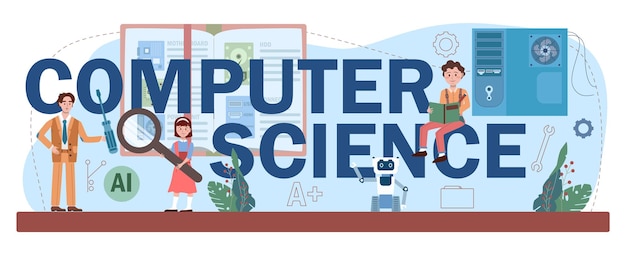 Vector computer science typographic header. students learning about algorithms, ai and computers, scripts and data structure. it education and technology. flat vector illustration.