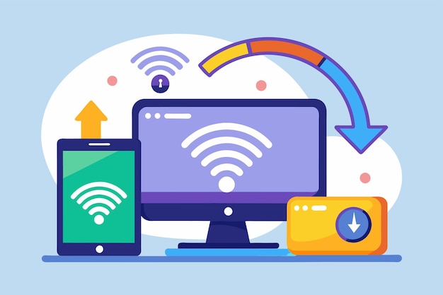 Vector computer screen displaying wifi connection process with network options for updating the process of updating a computer with a wifi network simple and minimalist flat vector illustration