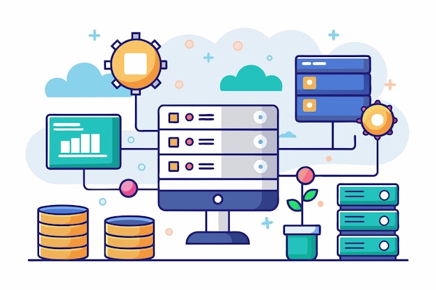 Vector a computer screen filled with a variety of data related to database management system and web hosting database management system web hosting simple and minimalist flat vector illustration