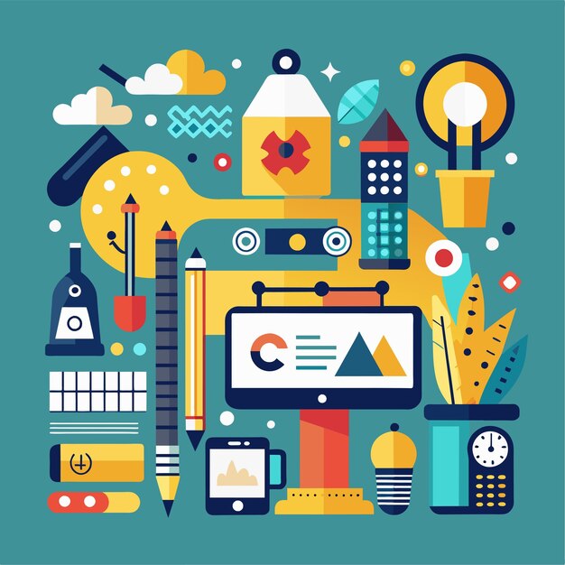 Vector a computer screen is surrounded by a variety of objects creating a busy workspace creative visualization of teamwork and unity through visual elements