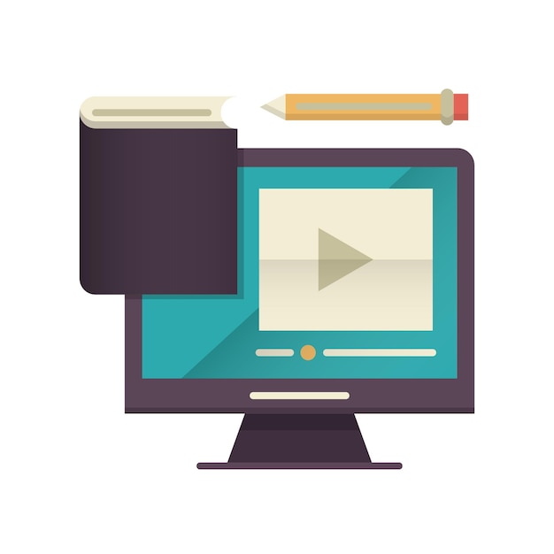 Vector a computer screen with a book and a pencil on it.