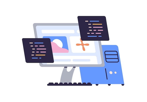 Vector computer screen with code script information technology and computing school subject concept abstract programming at desktop pc flat graphic vector illustration isolated on white background