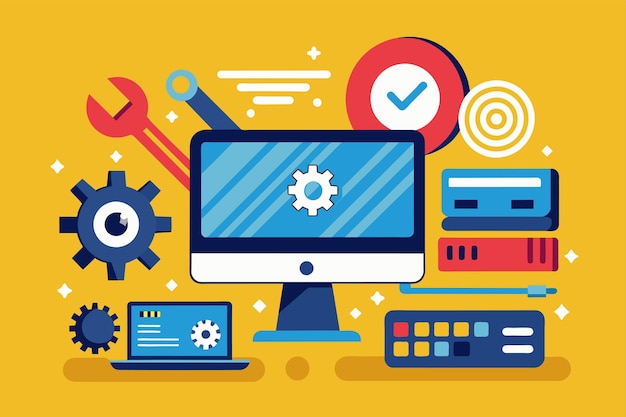 Vector a computer screen with multiple tools around for troubleshooting and maintenance computer troubleshooting service simple and minimalist flat vector illustration