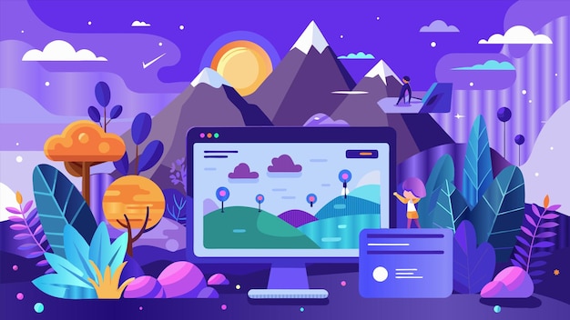 Vector a computer screen with a picture of a mountain and a mountain in the background