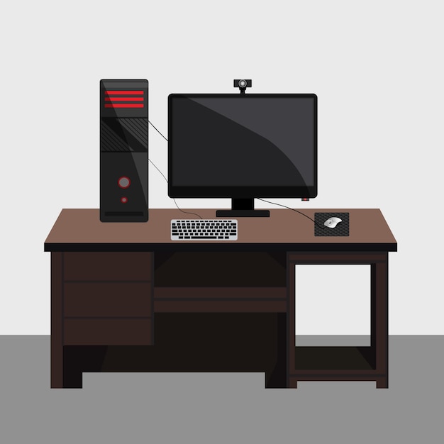 Vector computer set on the table monitor vector pc mouse key board computer table vector design