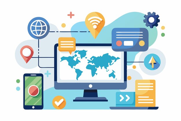 Vector a computer shows geolocation settings with internet connection options while a smartphone displays related icons internet connection settings geolocation message and etc