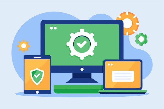 Vector computer tablet and phone displaying a check mark while updating security settings device is updating security simple and minimalist flat vector illustration
