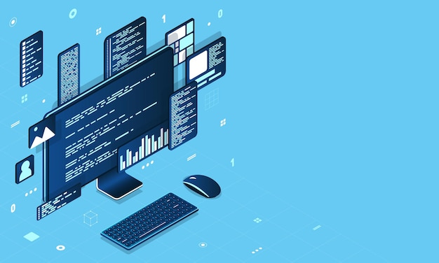 Vector computer technology isometric illustration desktop computer platforms software programming coding concept code with computer monitor