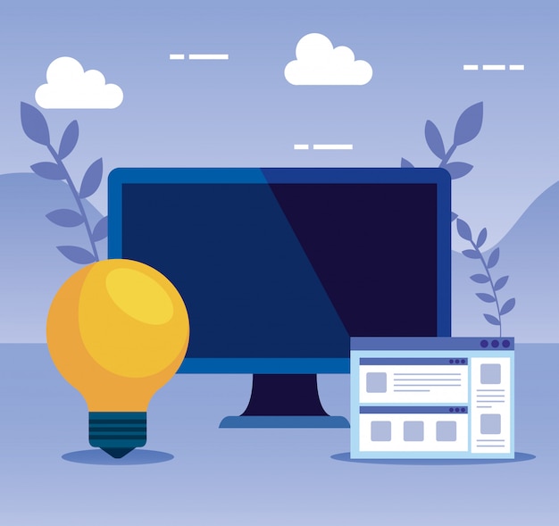 Vector computer technology with website and bulb idea