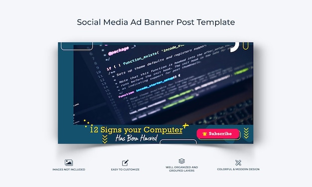 Vector computer tricks and hacking social media facebook ad banner post template premium vector