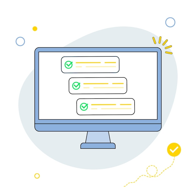 Vector computer with checklist cartoon computer with checkmarks document or to do list with checkboxes concept of survey vector illustration in line art style