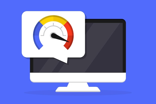 Vector computer with internet connection speed test on the screen internet download speed test on web page speed test and network performance information signal quality vector illustration