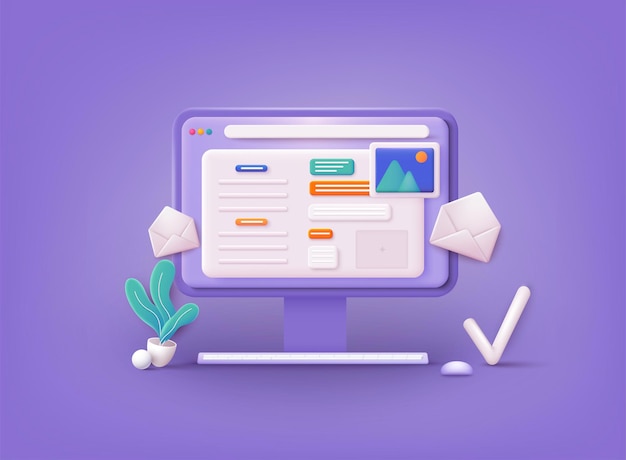 Vector computer with open pages landing page template for web data analytics dashboard and business finance report 3d web vector illustrations