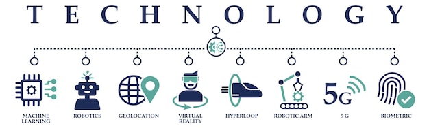 Vector con of machine learning robotics geolocation virtual reality hyperloop robotic arm 5g and biometric