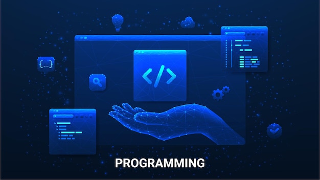 Vector concept of app development and programming information technologies computer engineering or coding developing software or game polygonal vector illustration with programming windows