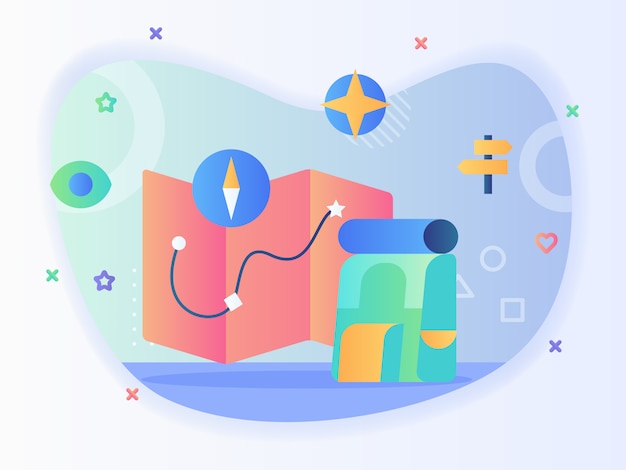 Vector concept of business roadmap strategy icon set compass map brocure backpack signpost with flat style.