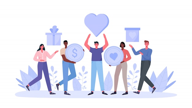 Vector concept of charity and donation. people give and share love, money, boxes with clothing, food, medicines,products to poor, homeless and elder persons. philanthropy flat cartoon  illustration.