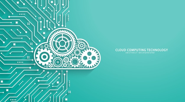 Vector concept of cloud computing gears with a cloud shape on a circuit board modern abstract background database computing online storage data storage and iot vector illustration