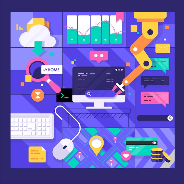 Vector concept of computer programming or developing software or game engineering coding