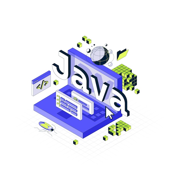 Vector concept of computer programming in isometric style a large inscription java