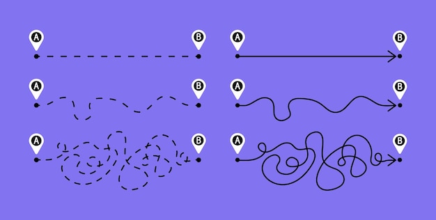 Vector the concept of creating a route from point a to point b. three options for the path. the easy way, t