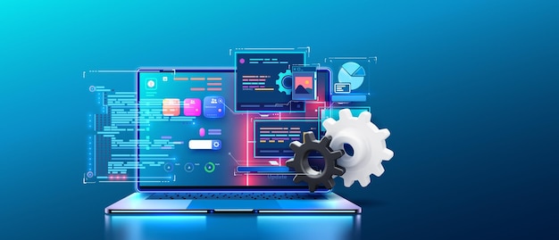 Vector concept of information technologies and computer engineering creation digital software mobile desktop platforms software developer programming code neon laptop with futuristic code on the screen