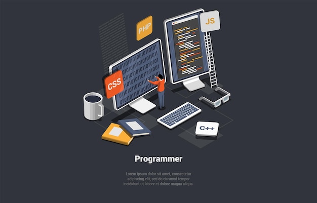 Vector concept of it sector and freelance working male character developer coding new startup project or application programmer programming soft and write script isometric 3d cartoon vector illustration